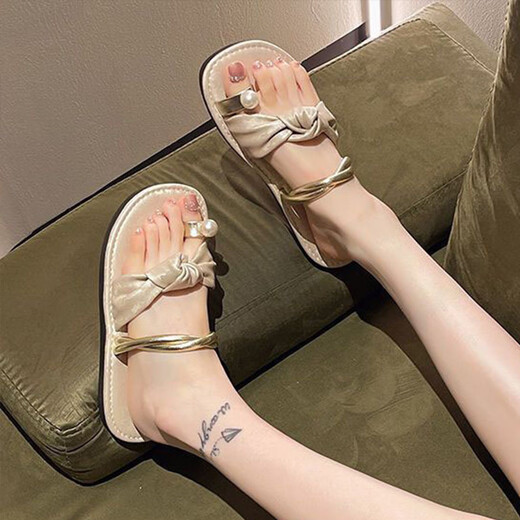 
Minsheng toe sandals flat-soled slippers for women wearing 2024 summer new fashionable casual beach shoes French fairy style beige [37]
