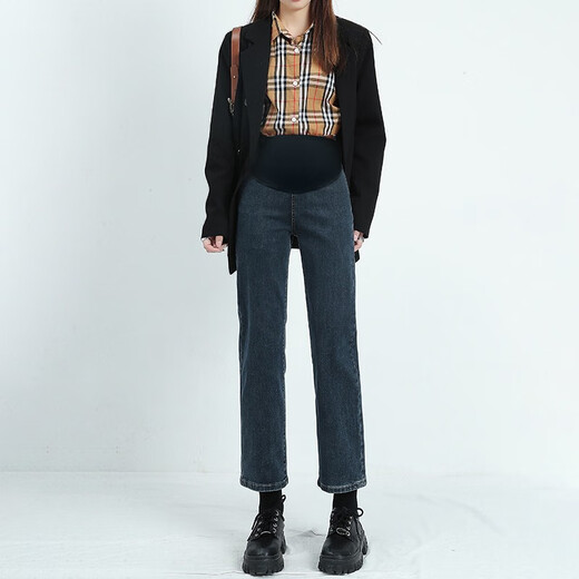 Nanding Yage Maternity Pants Autumn and Winter Outerwear New Straight Leg Pants Nine-Point Jeans Plus Velvet Stretch Cigarette Pants Autumn and Winter Clothes Black L110-125Jin Jin is equal to 0.5 kg