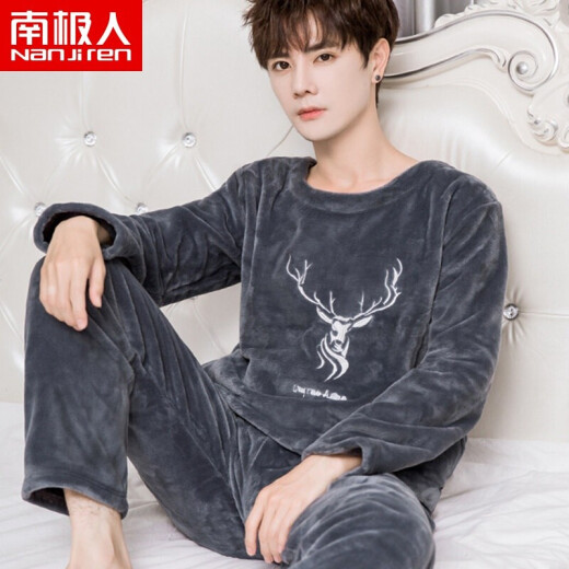 Antarctic pajamas, men's coral velvet pajamas, men's winter flannel pajamas, men's long-sleeved thickened wearable pajamas, home clothes, round neck suits, new winter products NSSZX-men's gray white deer men-XL (170-176cm, 135-150Jin [Jin equals 0.5 kg], )