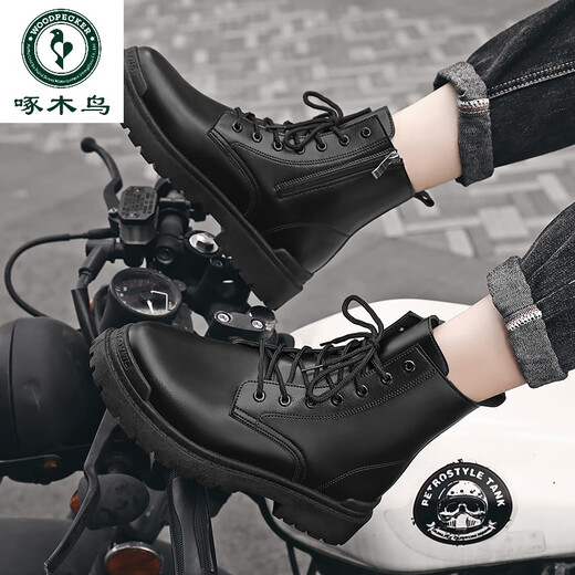 Woodpecker COS Comicausstellung Erhöhte Schuhe 12 cm Martin Boots Herren -Leder -Leder Britisch -Stil Unsichtbarer innerer Erhöhung 10 cm Motorradstiefel Schnalle + Seite Reißverschluss Schwarz 12 cm 40