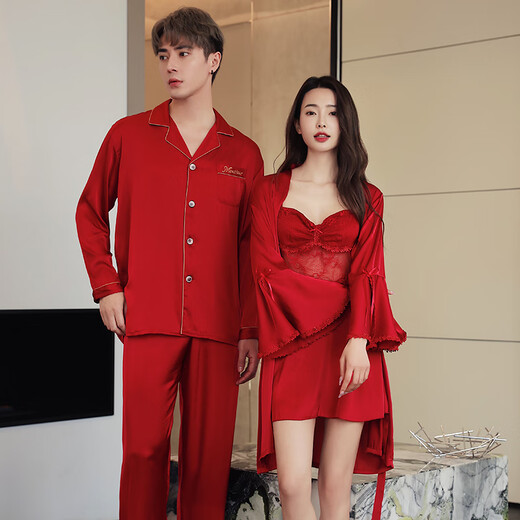 Modal couple pajamas new long-sleeved ice silk red wedding newlyweds high-end men's and women's home wear suits MDE306+MDE168 # Sexy Black L Female + L Male