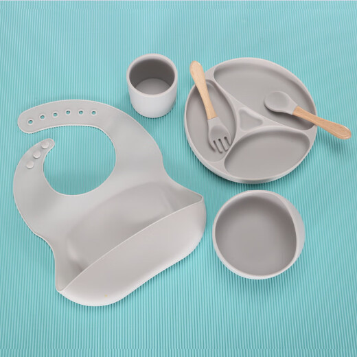 Baby silicone dinner plate, suction cup, grid tray, baby food bowl, integrated children's food feeding tableware set, disc gray + spoon and fork + bib + bowl + water cup