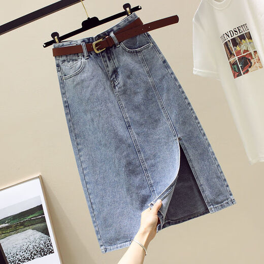 Zuo Feiluo denim skirt for women spring and summer 2023 temperament slit medium-length high waist A-line slim hip long skirt 9882 [light blue] S