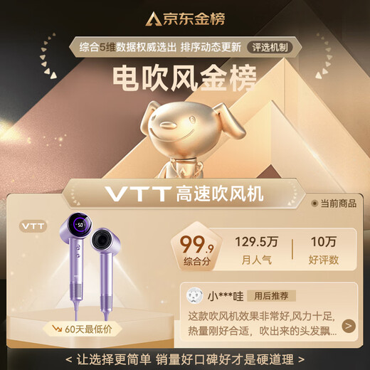VTT [Germany] high-speed hair dryer household low-noise negative ions high-power non-damaging hair care hair dryer leafless hair dryer quick-drying portable styling German Seiko quality [digital display Aurora Purple] high-speed dry hair care-German Seiko-10 years only can not be replaced build