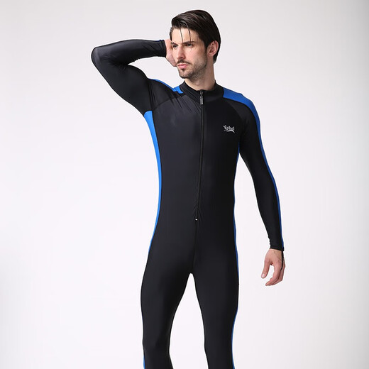 Yobel new men's swimsuit long-sleeved long pants one-piece snorkeling wetsuit sun protection warm surfing suit large size wetsuit black and blue 3XL weight 150-165Jin Jin equals 0.5 kg