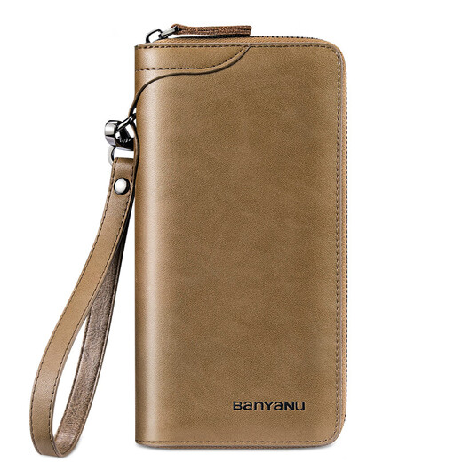 Shenshiyi men's wallet men's long multi-function clutch business casual zipper wallet retro cowhide large capacity business leather long wallet [N991 khaki]