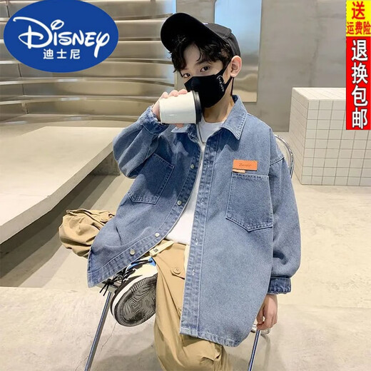 Disney Boys Denim Shirt 24 Spring and Autumn New Fashionable Medium Large Children's Top Casual Jacket Handsome Trendy Long Sleeve Blue 130