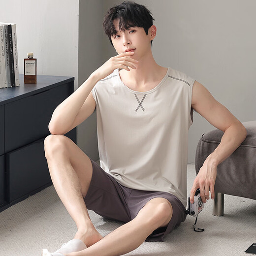 莫代尔睡衣男士夏季夏天无袖薄款背心短裤宽松大码家居服套装 N9201 XL