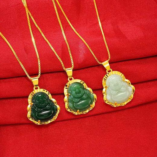 Libiao 18k gold Maitreya Buddha chalcedony jade pendant necklace Vietnamese sand gold and Hetian jade gold inlaid jade pendant for girlfriend Green Buddha pendant + box necklace