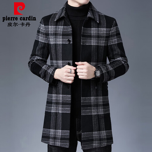 皮尔卡丹高档品牌中年羊绒大衣男风衣冬季中长款羊毛大衣男士百搭外套品牌 灰格子 170/M