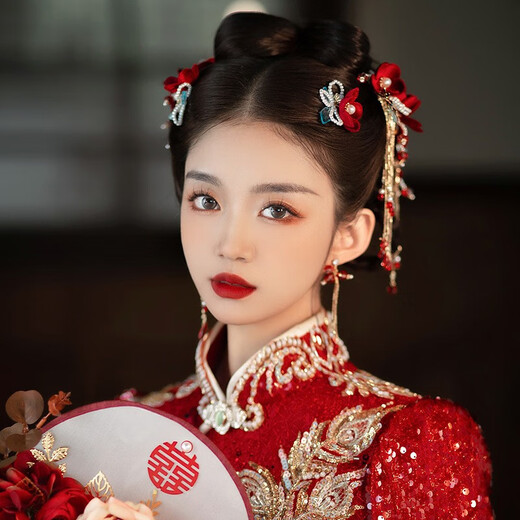 Haiyiduo wedding dress headdress bridal hair accessories set headband Korean fairy forest toasting clothing hair accessories Chinese dress accessories red velvet flower hairpin set