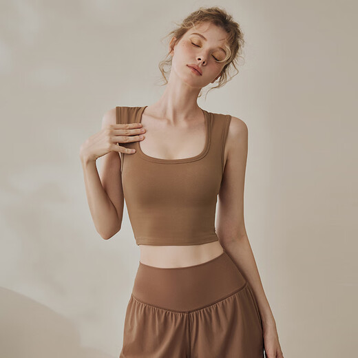 LULUUVTTOH sports vest with chest pad for women shock-proof running quick-drying fitness high-intensity Pilates training yoga top bra cocoa M