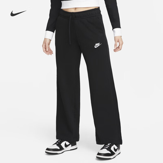 Nike women's mid-waist wide-leg sweatpants spring thin velvet knitted casual embroidery NIKE CLUB FB2728 010 black/white M