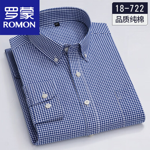 ROMON (ROMON) 100 pure cotton men's small plaid long-sleeved shirt spring and autumn middle-aged and young casual hair-worn cotton shirt men's clothing 18-719 blue and white plaid 41/XL [135-150Jin [Jin equals 0.5 kg]]