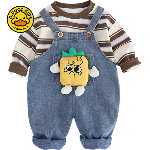 G.DUCKKIDS little yellow duck baby boy autumn overalls set 2024 new baby children's clothing children's spring and autumn long-sleeved clothes green pineapple suspenders 2-piece set 80cm