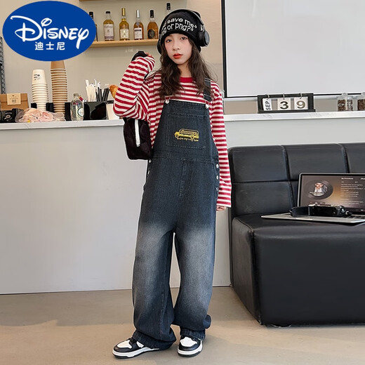 迪士尼（Disney）女童背带裤套装春秋2024新款女大童阔腿牛仔裤初中生儿童洋气套装 牛仔色背带裤 150(适合140-150cm，9-10岁)