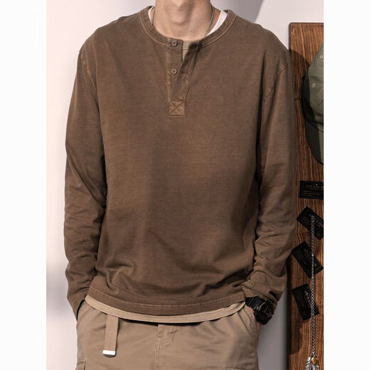 Jeep (JEEP)/Light Luxury 300Jin Jin is equal to 0.5kg. Large size men's American retro Henry shirt Henley collar long-sleeved T-shirt men's solid color coffee base Army green 3XL recommended 200-250Jin Jin is equal to 0.5kg