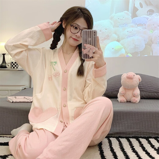 欧鹿汐（OULUXI）纯色皱布棉质月子服春秋孕妇睡衣夏季透气吸汗产妇产后哺乳喂奶衣 AXXE724少女心 2XL码 (建议135-155斤)