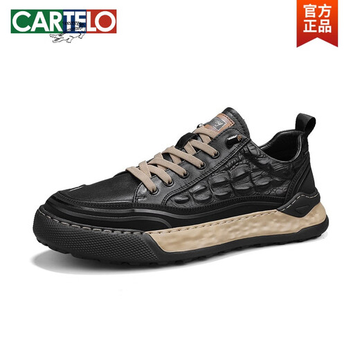 卡帝乐鳄鱼（CARTELO）鞋子男秋天新款低帮皮面透气轻便板鞋男士春秋季休闲运动工装鞋潮 L1391黑色 41