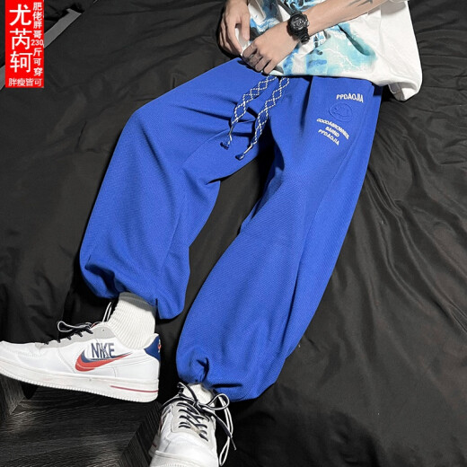 【肥仔240斤超大码5XL】夏季潮牌ins薄款钢印华夫格裤子男宽松大码高街休闲运动裤九分裤加肥加大 K1049黑色 2XL 140-160斤可穿