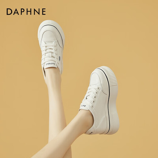 达芙妮（DAPHNE）帆布鞋女休闲饼干鞋黑白格子厚底增高鞋子新款学生百搭春款 1048款米色 38 (240mm) 标准码