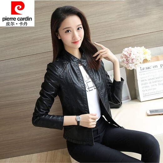 Pierre cardin 23 new leather jacket for women short spring and autumn new stand collar pu small leather jacket leather jacket slim fit slim jacket black XL recommended 105-115Jin [Jin equals 0.5 kg]
