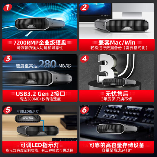 闪迪大师极客 8TB 企业级移动硬盘 3.5英寸大容量 USB3.2 Gen2传输速度260MB/S 手机直连 西部数据公司出品