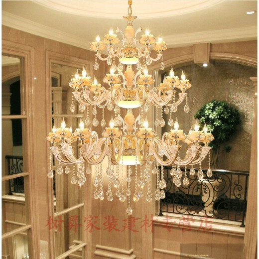 New Chinese style stairway chandelier, European style duplex floor, living room large chandelier, luxury and atmosphere, hotel villa hall stairwell, crystal long chandelier, gold-clad jade, three layers, 30 heads, width 1.45 meters, height 1.8 meters, free three-color LE