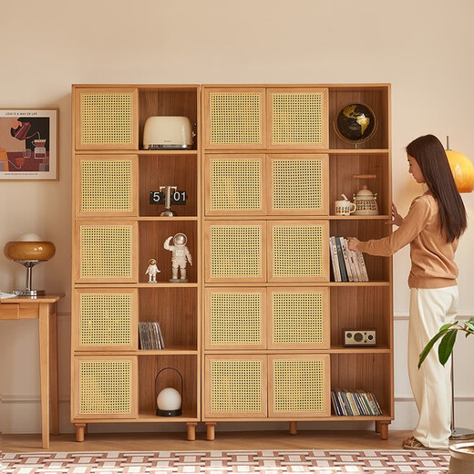 Green hair solid wood bookcase combination rattan sliding door bookcase bookcase study furniture display cabinet beech wood color 5 sliding doors 2x5 (674*320*1858mm)