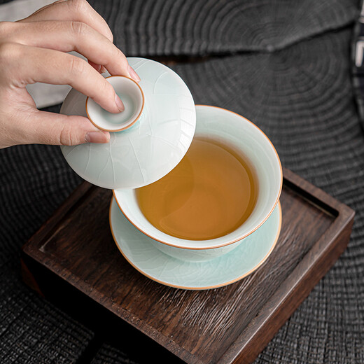 SUSHI CERAMICS Ru kiln egg green Sancai tureen can be opened to raise the gold thread, first kung fu tea set, tea bowl