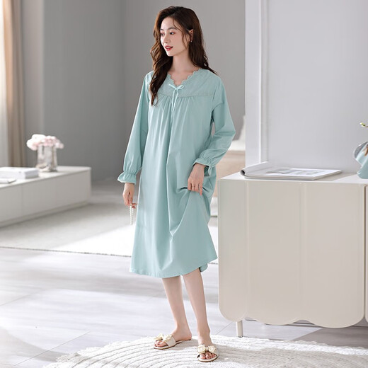 clolv kiss nightgown with chest pad for women new spring and autumn pure cotton long-sleeved dress pajamas women can wear home clothes outside in autumn 672 wave green (with chest pad) XL [165-170cm/120-145Jin[Jin equals 0.5 kg]]