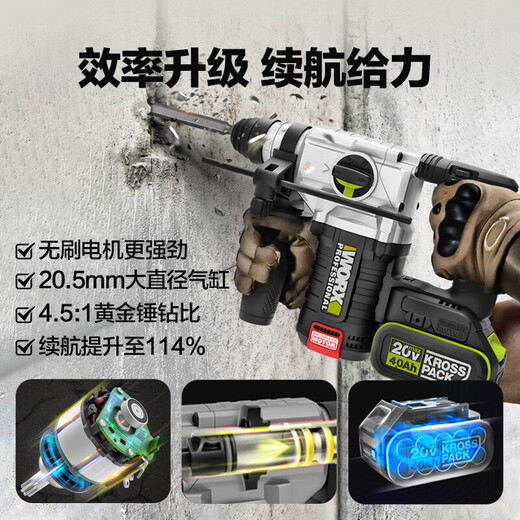 Bürstenloser Lithiumbatterie Elektrischer Hammer Wu388 Impact Drill Hammer Bohrer Beton Hochleistungsstärke Elektrische Hammer Elektrische Pickel Hardware Elektrowerkzeug WU3884.0 Doppelte Elektro + Schnellladung