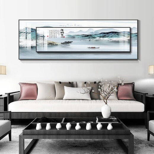 Mopai New Chinese style living room decoration painting sofa background wall mural modern simple and atmospheric banner landscape superposition painting humble room inscription large 200*70+small 160*50 crystal porcelain
