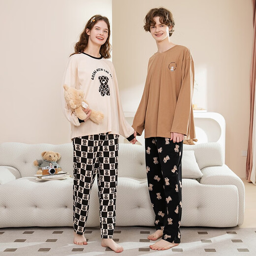 Fenton Couple Cotton Pajamas Women's New Breathable Fashionable Round Neck Can Be Weared Outside Men's Home Clothing Suit Khaki (Male) L