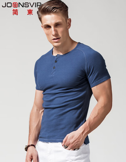 
Simple Henry shirt short-sleeved T-shirt men's solid color cotton open tie buckle Henry neckline thread tight body shirt summer blue M (about 60kg)