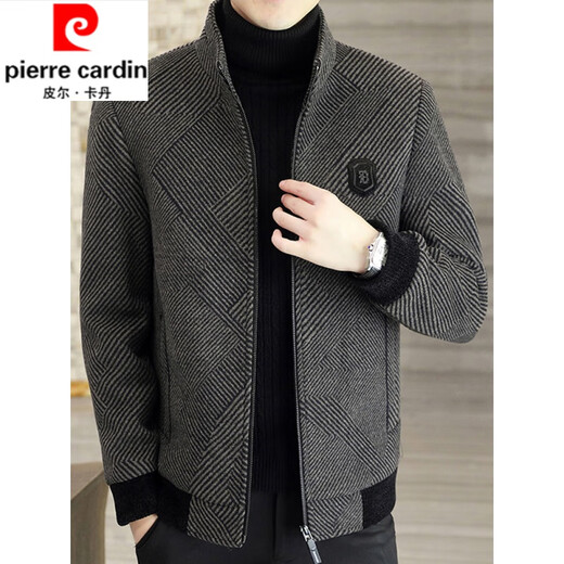 Pierre cardin autumn and winter jacket men's jacket plus velvet thickened medium and short style woolen coat lapel woolen grey 836 M (100-115Jin [Jin equals 0.5 kg])