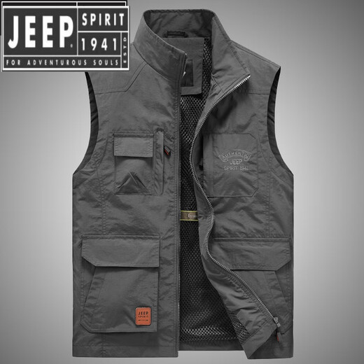 JEEP SPIRIT Jeep Spirit Vest Men's Spring and Autumn Casual Multi-Pocket Workwear Vest Men's Photography Fishing Vest Jacket Gray 2XL 155-170Jin Jin equals 0.5 kg