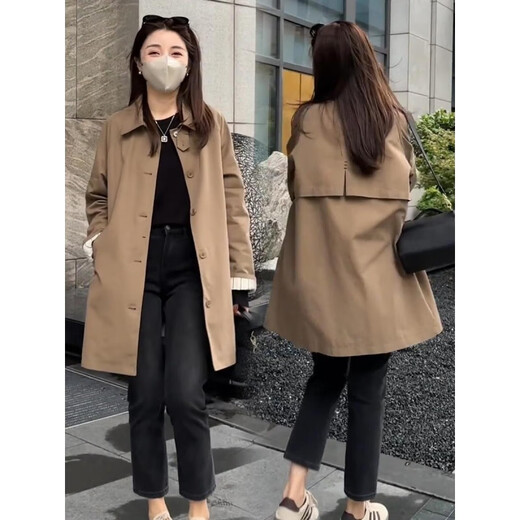 Chujing 2025 New Spring and Autumn Temperament Casual Windbreaker Jacket Women's Mid-Length Korean Style Loose Slim Small Coat Light Khaki S