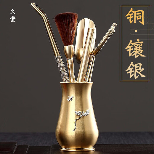 Jiutang silver-inlaid brass tea ceremony six gentlemen tea cup tea leaves tea clip tea knife needle tweezers tea spoon spatula set tea accessories brass inlaid silver six gentlemen orchid