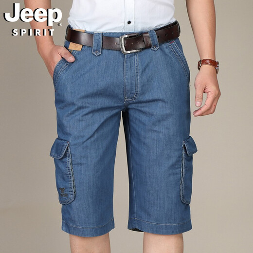 吉普（JEEP）牛仔短裤男多口袋工装裤直筒宽松时尚休闲薄款七分裤753 浅蓝色 38
