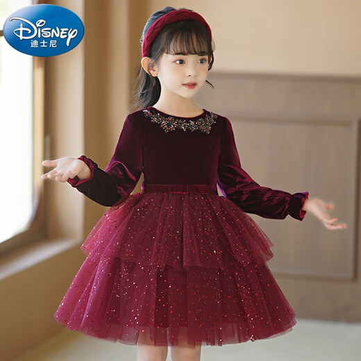 Disney girls dress children's autumn and winter gold velvet sequins burgundy puffy cake dress hosting performance princess dress burgundy 01 style 100 cm
