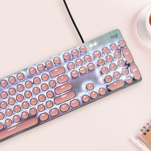 罗技（Logitech） K845 有线机械办公键盘 游戏电竞 朋克复古键盘外设电脑笔记本节日礼物 diy个性键帽 K845(青轴)+经典朋克键帽-粉