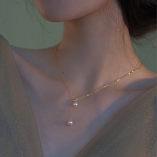 Xiaomeng double pendant freshwater pearl necklace young girl natural two beads clavicle chain y-shaped can be pulled and adjusted