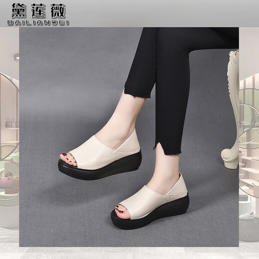 Dailianweist echtes Lederschwamm Sandalen für Frauen im Frühling und Sommer 2025 Neuer Stil Ferse Dicke alleinige Zwei-Wear-Fischschuhe weiße Kaufweißschuhe für Frauen schwarz 35 225 mm