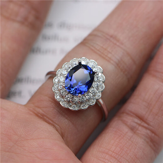 DL 1998 Tanzanite Sapphire 925 Silver Blue Ring Double Layer Diamond Retro Colored Jewel Ring Opening Japanese and Korean Female Silver Live Mouth (Main Stone 7X9mm) B6