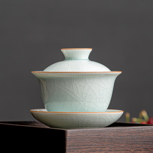 SUSHI CERAMICS Ru kiln egg green Sancai tureen can be opened to raise the gold thread, first kung fu tea set, tea bowl