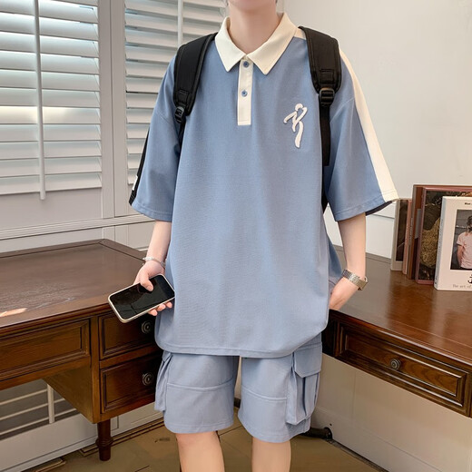 柏乐迪（BAILEDI）夏季短袖t恤胖男孩12-15岁初中高中学生帅气POLO衫14大童运动套装 6626黑色（短袖+短裤） 170 XL（建议体重130-150斤左右）