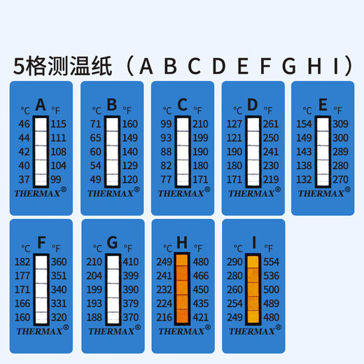 
Thermax temperature measuring paper Thermax temperature test paper High temperature change irreversible 5 grids 8 grids 10 grids 5 grids Reversible 0-5010 pieces/book (can be repeated