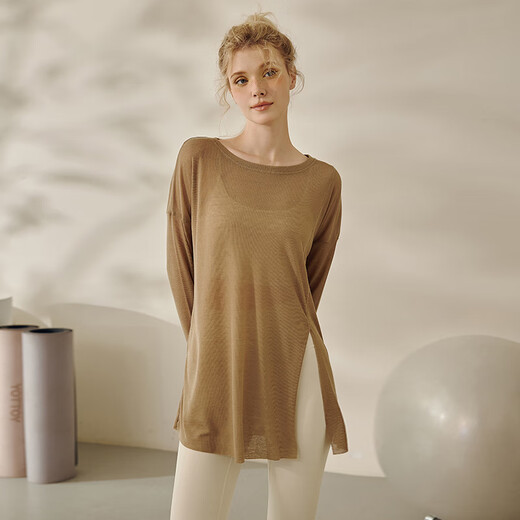 LULU CENTURY loose sports top women's breathable running Pilates training fitness cover-up long hip-covering yoga wear long-sleeved khaki brown S/M