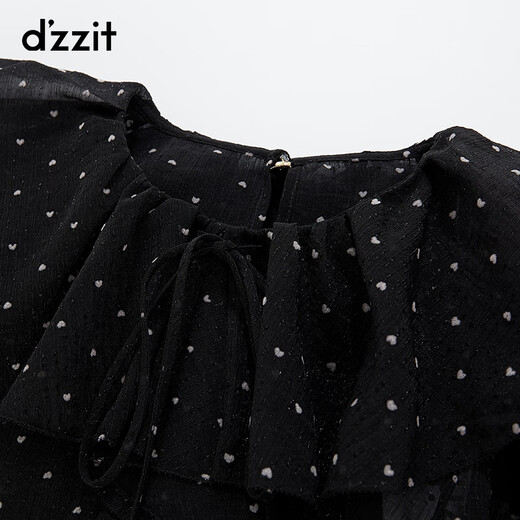 DZZIT Spring and Summer French Romantic Ruffle Decoration Love Flocking Top Women Black XS